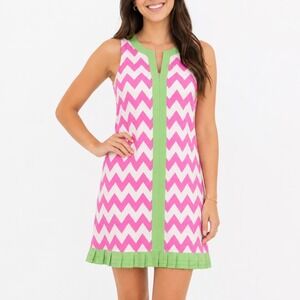 Malabar Bay Pink Chevron Organic Cotton Sleeveless Shift Dress Green Trim Medium